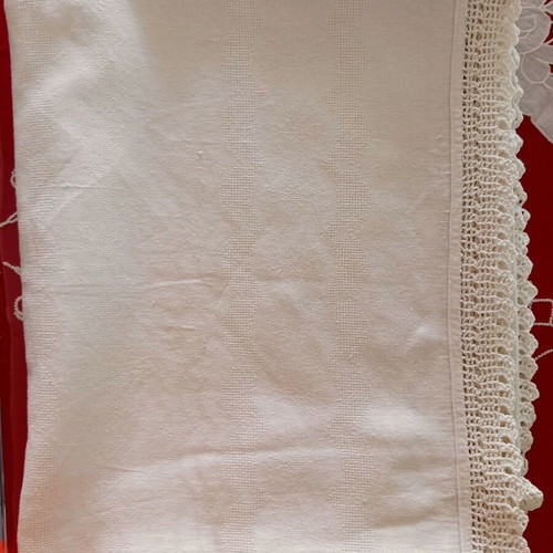 Handmade white tablecloth with thick crochet lace, like new