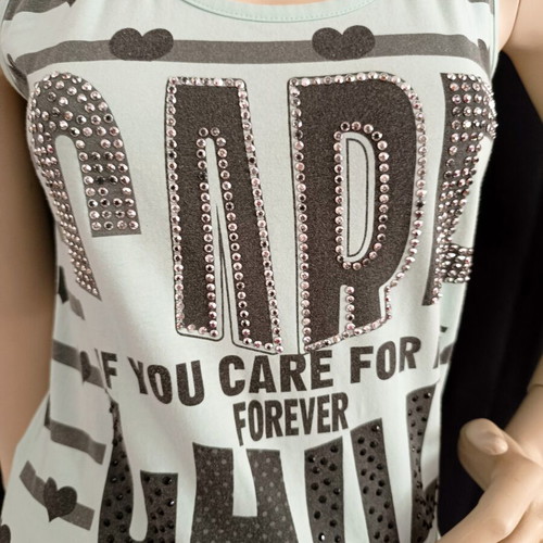 Women's summer turquoise top with black letters and strass used, size M
