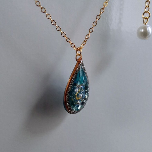 Handmade necklace blue and gold with pearl and rhinestones, new