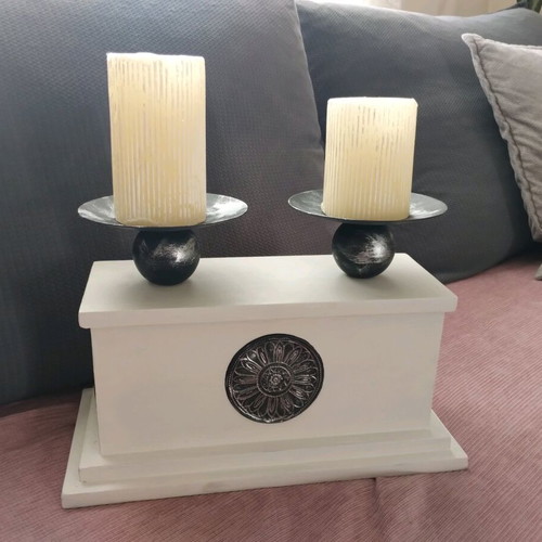 Wooden candlestick like new with metal bases off-white