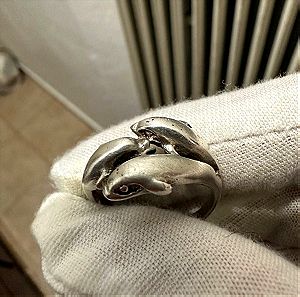 Περίτεχνο ασημένιο δαχτυλίδι με σχέδιο δελφίνια παλιο 925