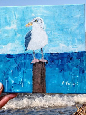 Original painting with seagull in seascape acrylic on canvas new