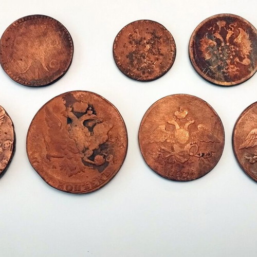 Russian collection of old coins used, 9 pieces (1764-1859)