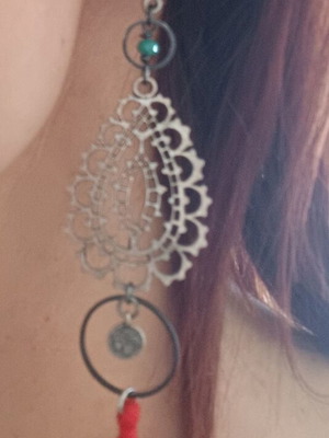 Stainless steel hanging earrings like new, silver and red