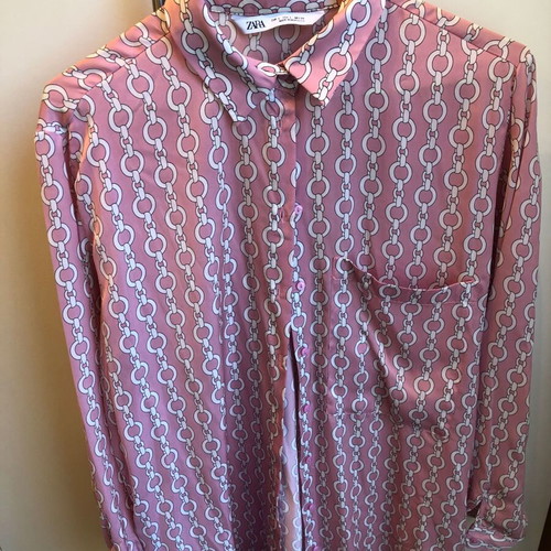 Zara loose tunic shirt pink printed satin like new, size L