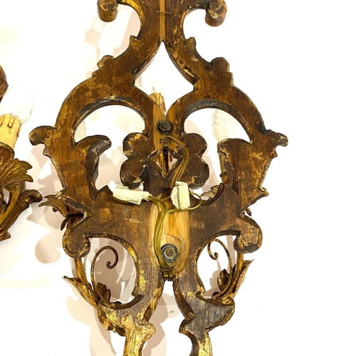 Pair of 2 French wall sconces used, gilded wood and iron