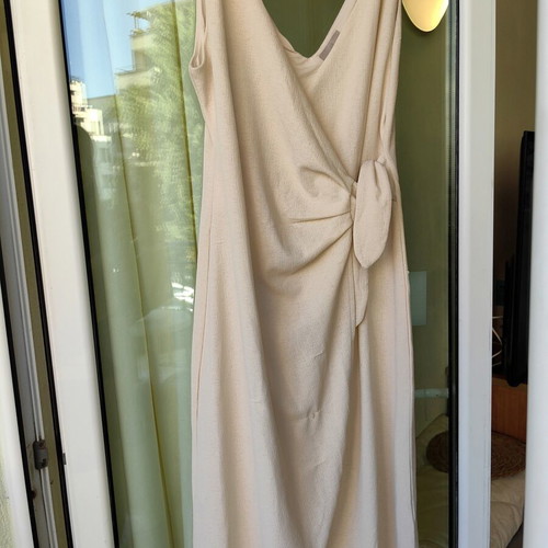 H&M midi dress with wrap front and V-neck, beige white