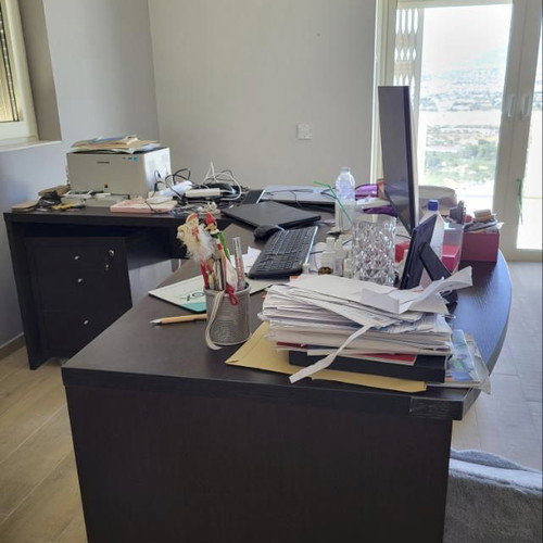 Sato desk used with curved wooden surface and Wenge drawer unit