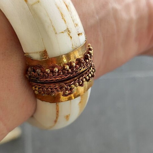 Vintage ethnic horn bracelet with green stone and bronze