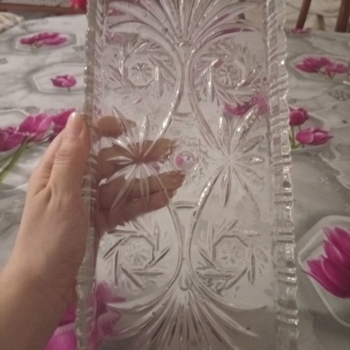Crystal tray luxury carved, new, 35x15 cm
