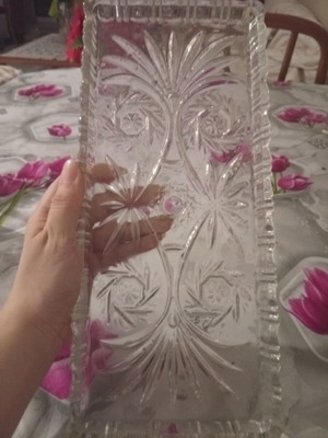 Crystal tray luxury carved, new, 35x15 cm