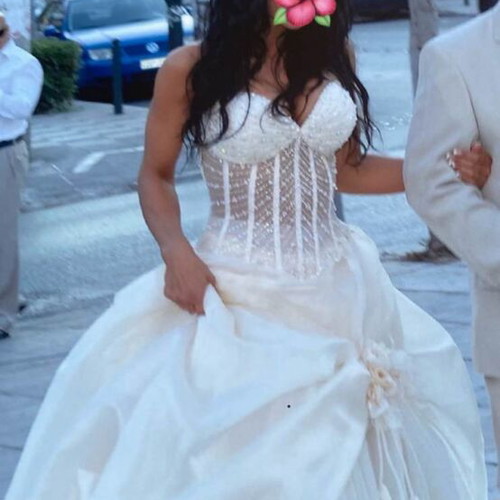 Demetrios wedding dress like new, size S–M, beige and gold