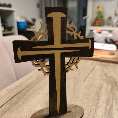 Wooden double-sided tabletop cross new with inlay technique