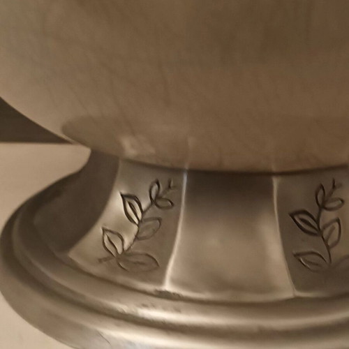 Vintage vase made of fine crackle porcelain and pewter like new