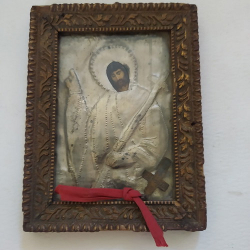 Saint John the Baptist religious icon used, 14 cm, framed with martyrdom ribbon