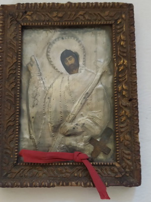 Saint John the Baptist religious icon used, 14 cm, framed with martyrdom ribbon