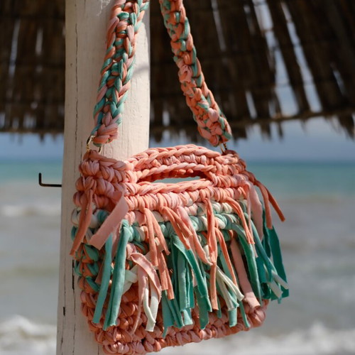Handmade crocheted shoulder bag with fringes, multicolor turquoise