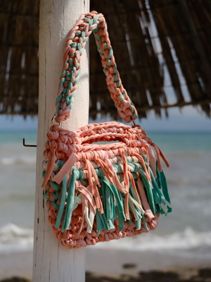 Handmade crocheted shoulder bag with fringes, multicolor turquoise