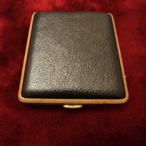 Vintage leather cigarette case used, 10x8 cm, black with gold frame