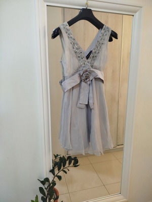 Tassos Mitropoulos cocktail mini dress like new, gray chiffon with strass