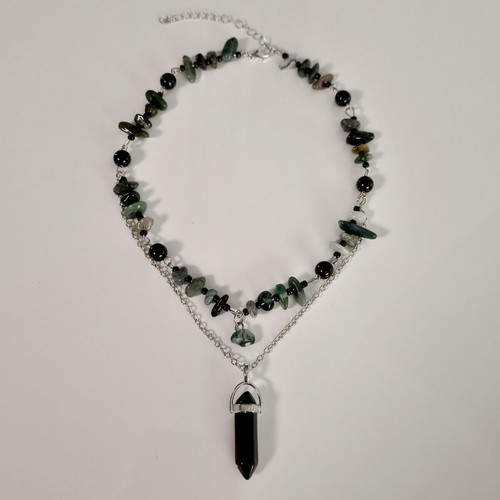 Handmade Gothic necklace with natural stones and black crystal pendant