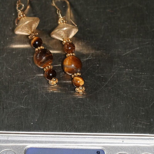 Gold earrings with tiger's eye and 22K gold-plated clasp new