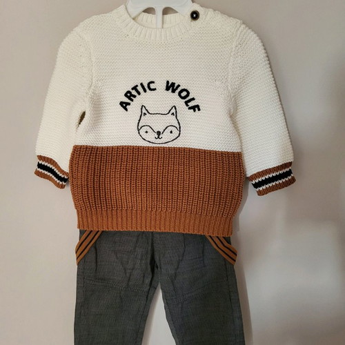 Orchestra baby set 6-9 months, knitted sweater and lined pants with suspenders