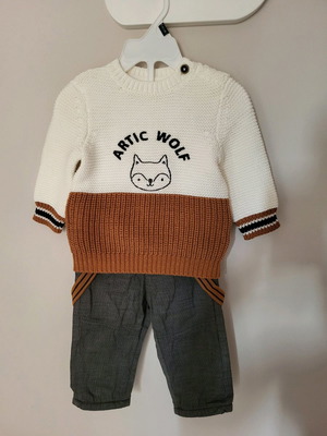 Orchestra baby set 6-9 months, knitted sweater and lined pants with suspenders