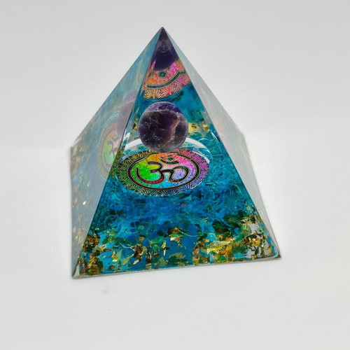 Orgonite pyramid with amethyst and Om symbol like new