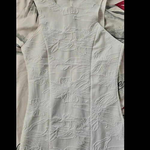 Zara white fitted midi dress with embossed floral design, like new