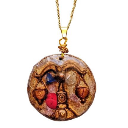 Libra handmade polymer clay necklace with semi-precious stones gold color