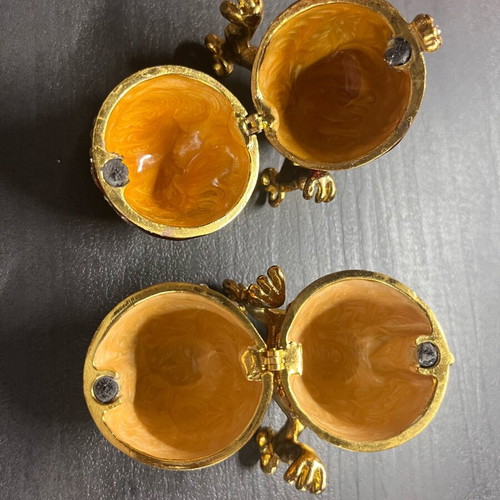 Set of 2 decorative enamel and strass egg jewelry boxes like new