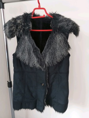 Black suede vest with eco gray black fur like new