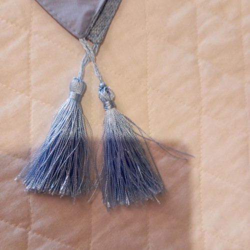 Table runner linen embossed fabric like new, sky blue with tassels