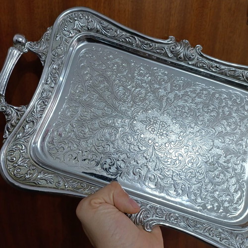 Silver Finish decorative serving tray with embossed floral design