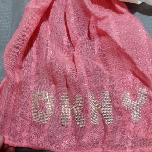 DKNY pashmina scarf new in pink with white and gold thread