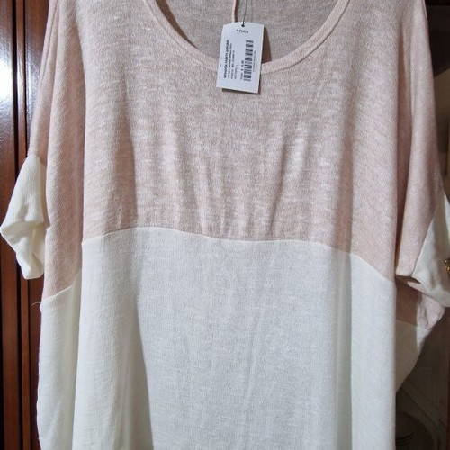 +PSX Two-Tone Knitted Blouse Pink Beige Size L New