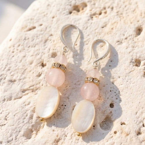Bracelet and earrings set with rose quartz, pearl, and crystals new