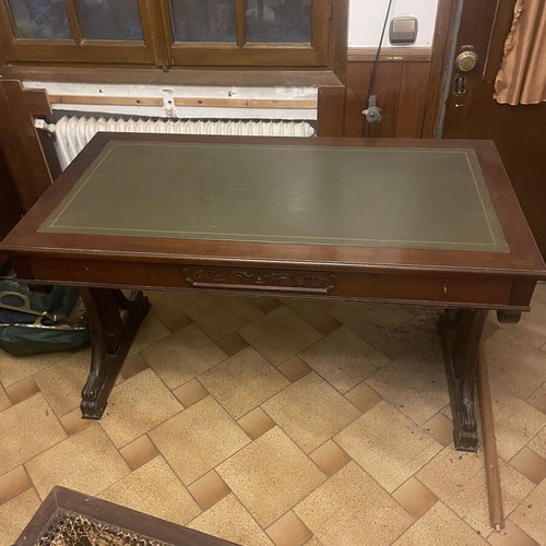 Handmade desk used with carving by Varagki and leather