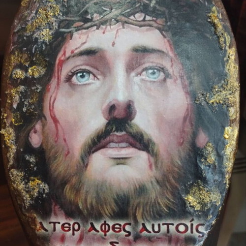 Handmade Jesus image on wood trunk, like new, 20x11x11cm