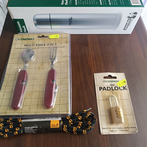 Camping set new with Panda flask 750ml, Compass multi-tool, Jack Wolfskin laces, Compass padlock