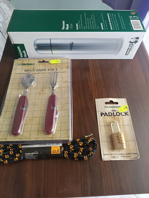 Camping set new with Panda flask 750ml, Compass multi-tool, Jack Wolfskin laces, Compass padlock