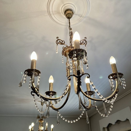 Five-Light Bronze Chandelier with Crystal Prisms like new