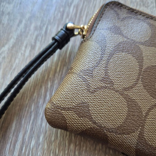 Coach wristlet pouch, beige coated canvas with leather trim