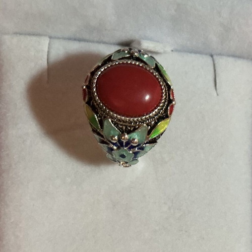 Vintage Tibetan style 925 sterling silver enamel ring with red coral paste cabochon, like new