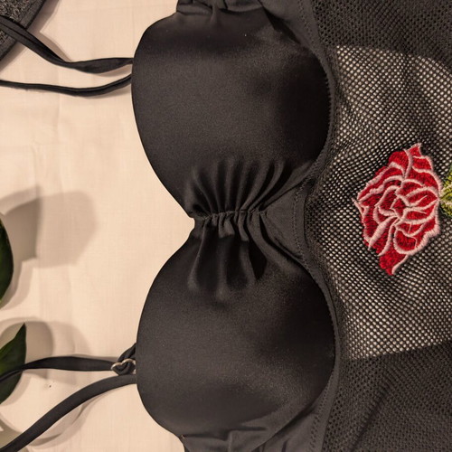 Black goth one piece swimsuit with mesh and embroidered rose, like new, size S/M