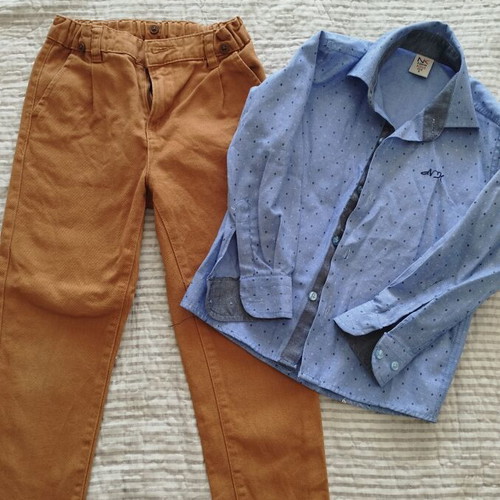 Boys' shirt and pants set like new, size 4-5 years, blue and brown