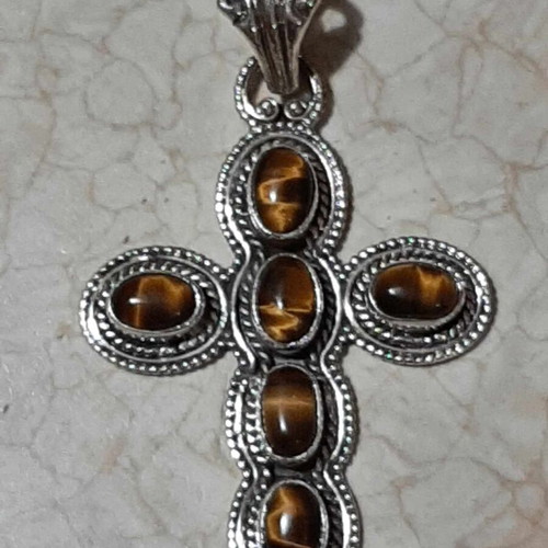 Silver 925 cross with tiger eye semi-precious stones, new