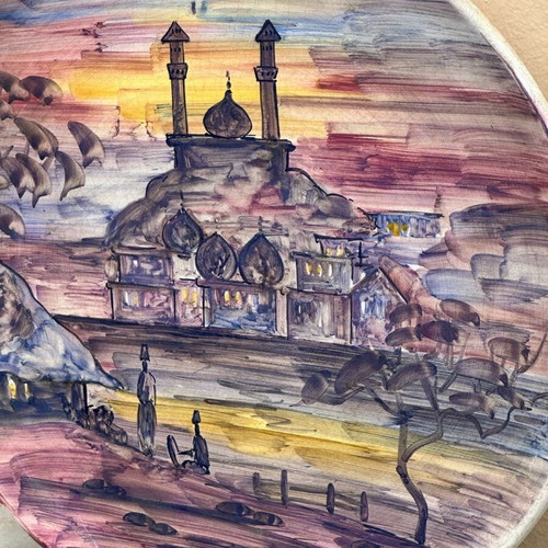 Handmade decorative plate with oriental landscape used, vintage