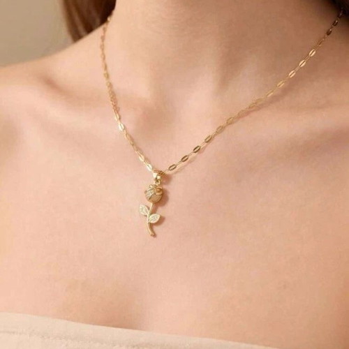 18K Gold Plated Rose Pendant Necklace with Sparkling CZ Crystal